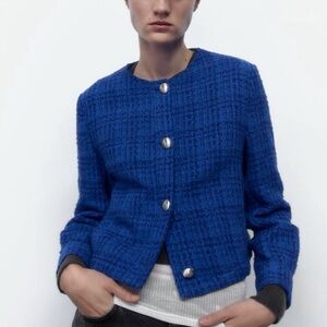 Zara Royal Blue Textured Tweed Cropped Jacket Blazer Size Small ❤️
